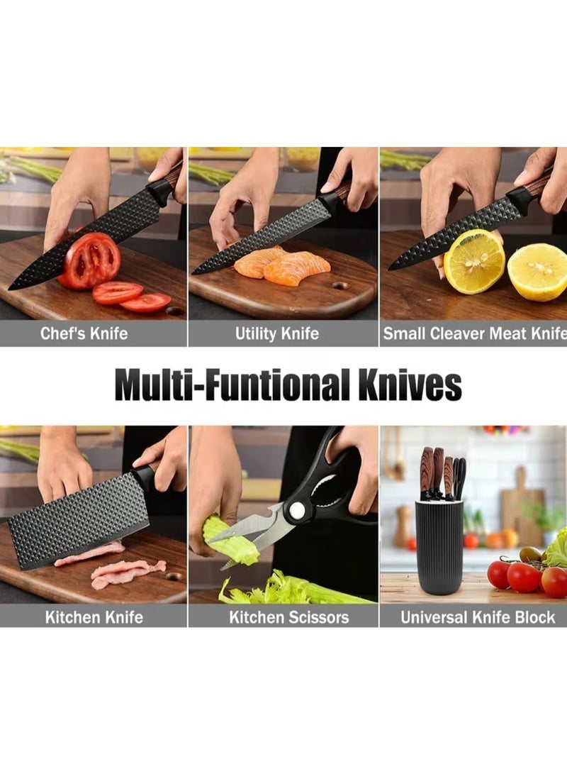 طقم سكاكين مطبخ، طقم سكاكين مكون من 6 قطع، طقم سكاكين طهاة من الفولاذ المقاوم للصدأ غير لاصق وغير قابل للانزلاق مع حامل سكاكين متعدد الاستخدامات مناسب للمنازل والمطاعم (أسود) - Image 5